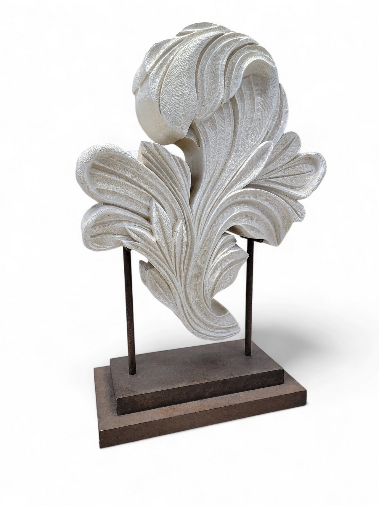 Vintage Sculpted Resin Scrolled Acanthus Leaf Sculpture on a Metal Stand