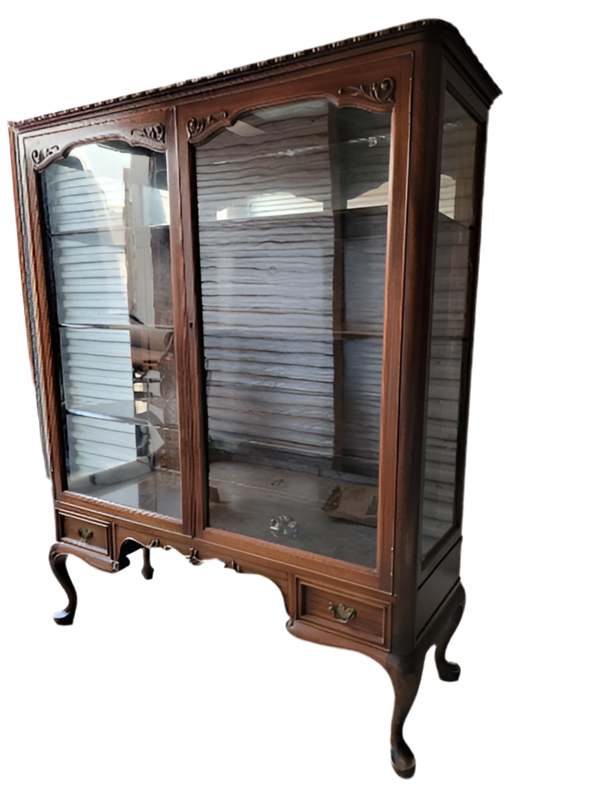 Antique Queen Anne Style Mahogany Glass Panel 2 Door Bookcase/Display Cabinet