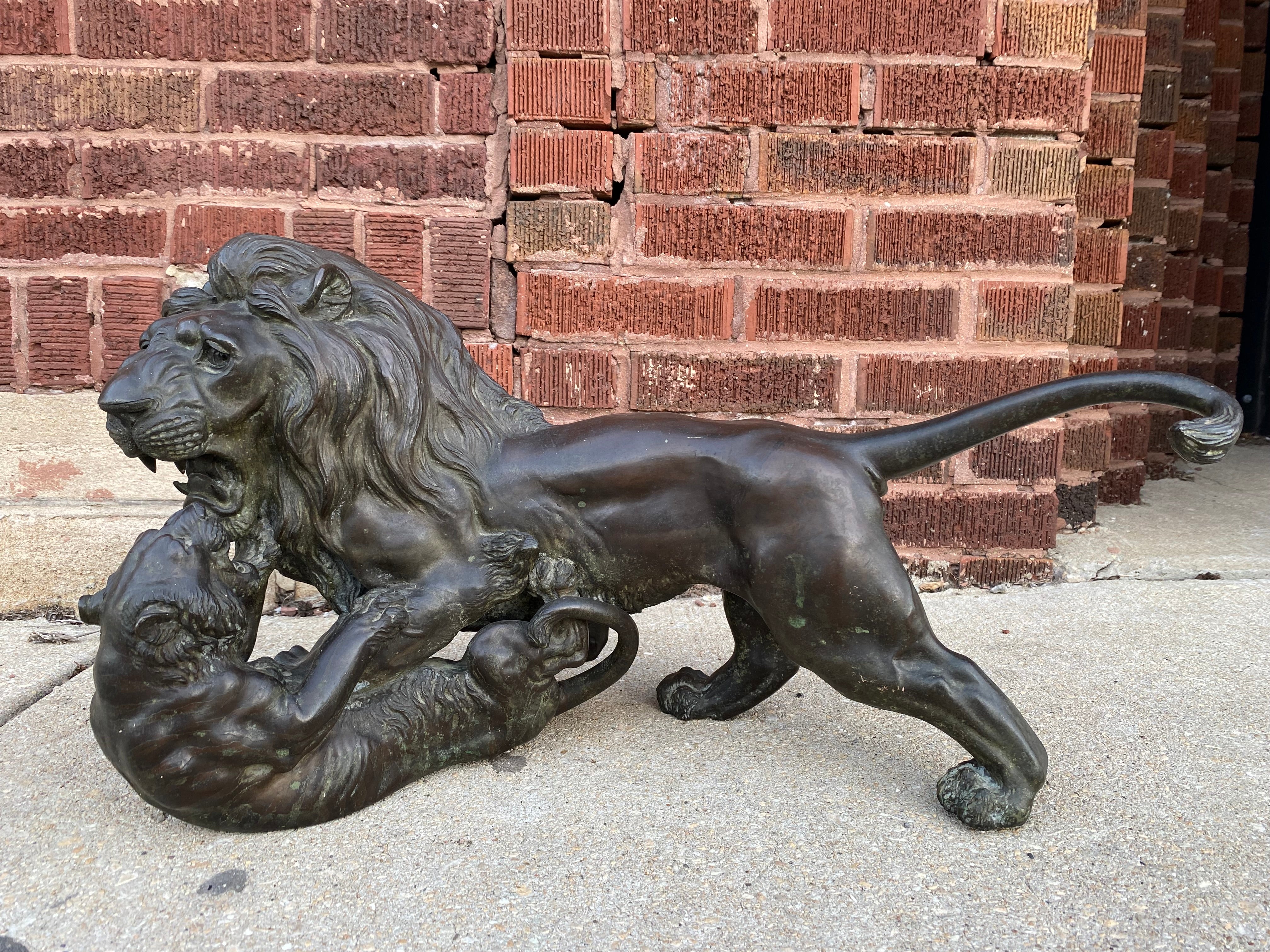 Antique Japanese Bronze Sculpture of Roaring Lion vs. Tiger