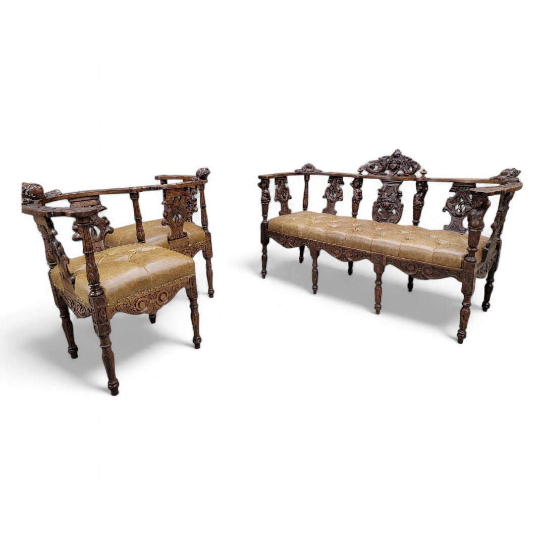 Antique Italian Renaissance Revival Ornate Carved Figural Tufted Tete-a-Tete Bench Newly Reupholstered in Leather