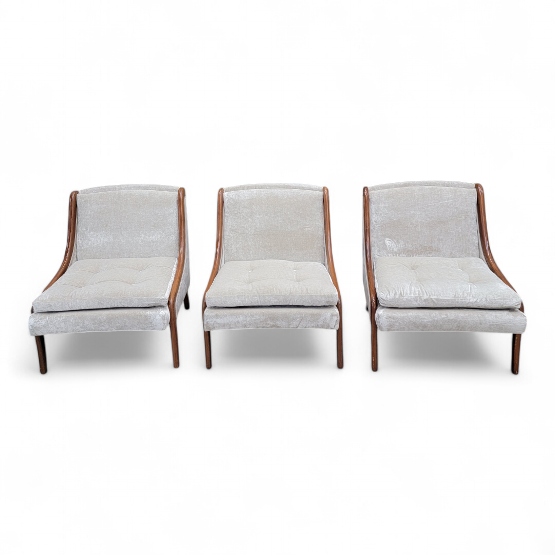 Mid Century Modern Ben Seibel Slipper Chairs Set Newly Reupholstered in Velvet - 3 Piece Set