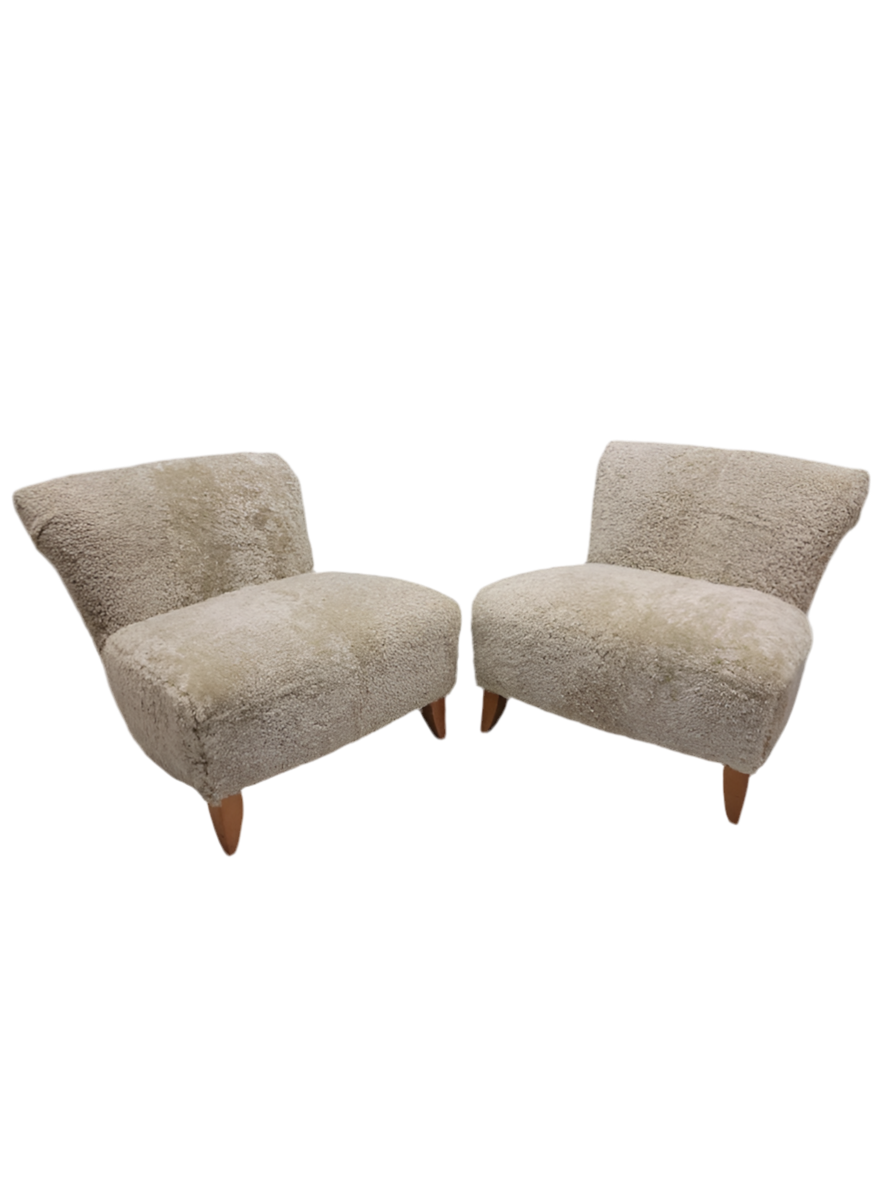 Mid Century Modern Swedish Scroll Back Slipper Chairs Newly Reupholstered in Natural Sheep Wool - Pair