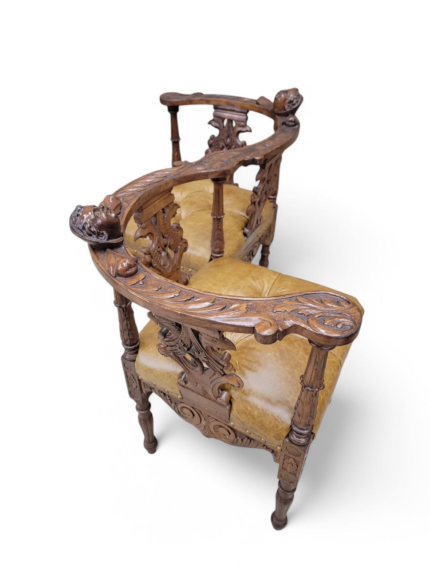 Antique Italian Renaissance Revival Ornate Carved Figural Tufted Tete-a-Tete Bench Newly Reupholstered in Leather