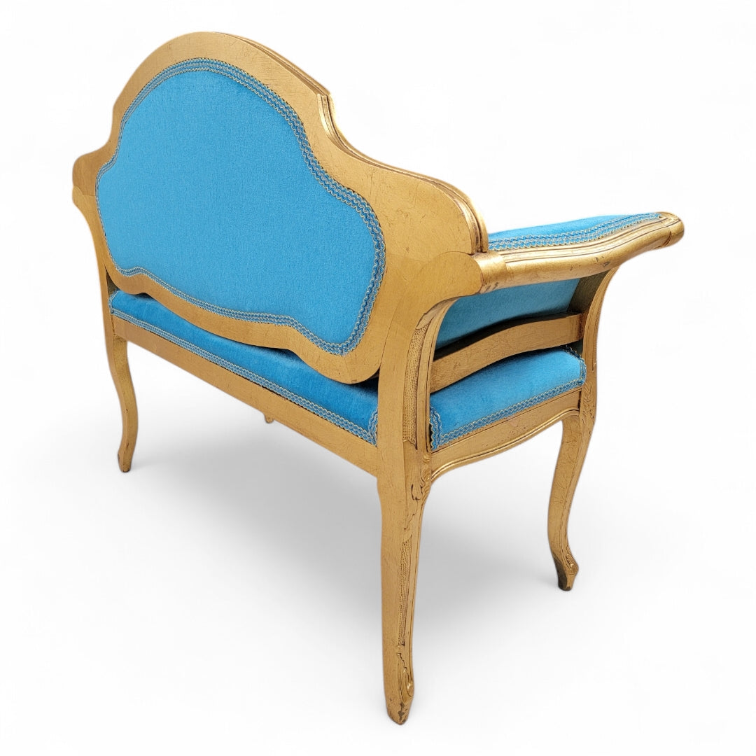 Antique French Regency Gold Gilded Tufted Petite Bench Newly Reupholstered Emerald Teal Mohair