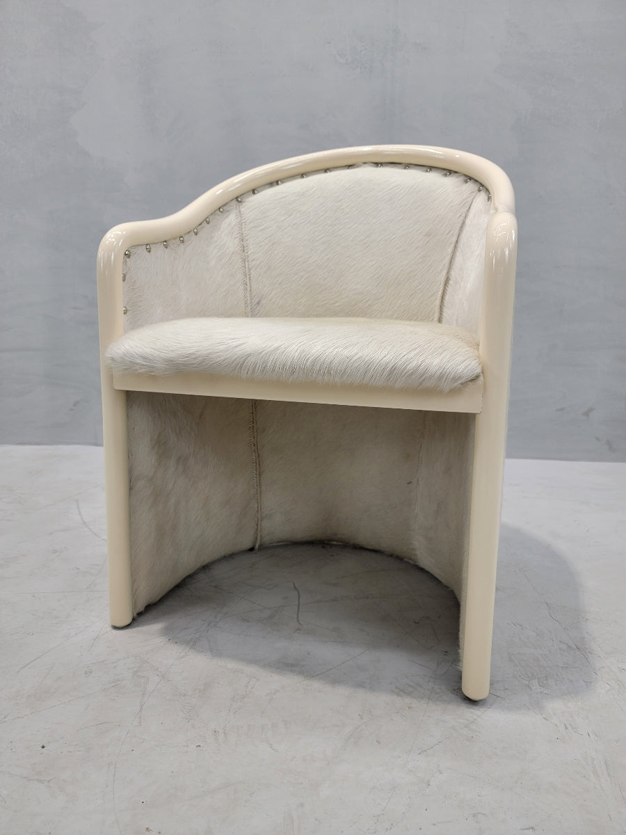 Vintage Italian Cream Lacquer Barrel Back Occasional Chair by Tonon Newly Reupholstered in Cowhide