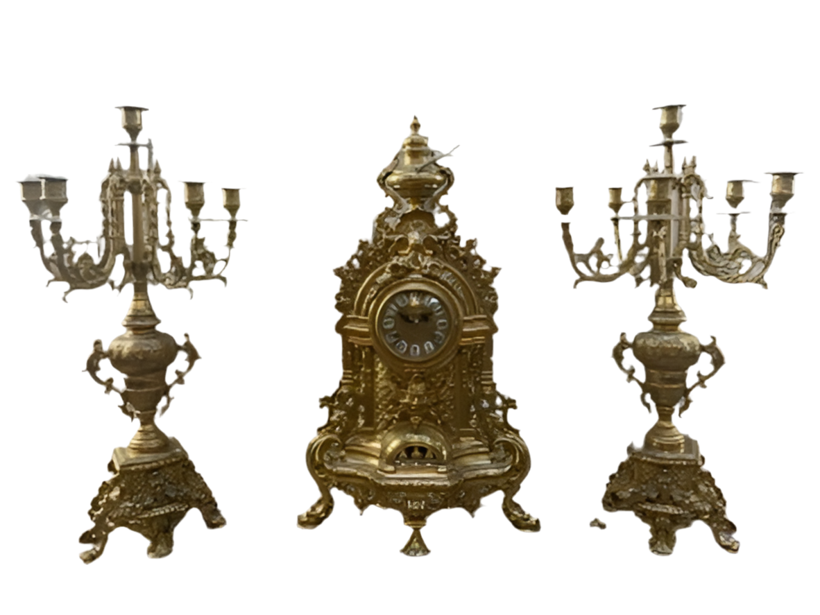 Vintage Victorian Style Ornate Mantle Clock and 2 Candelabras - Garniture Set