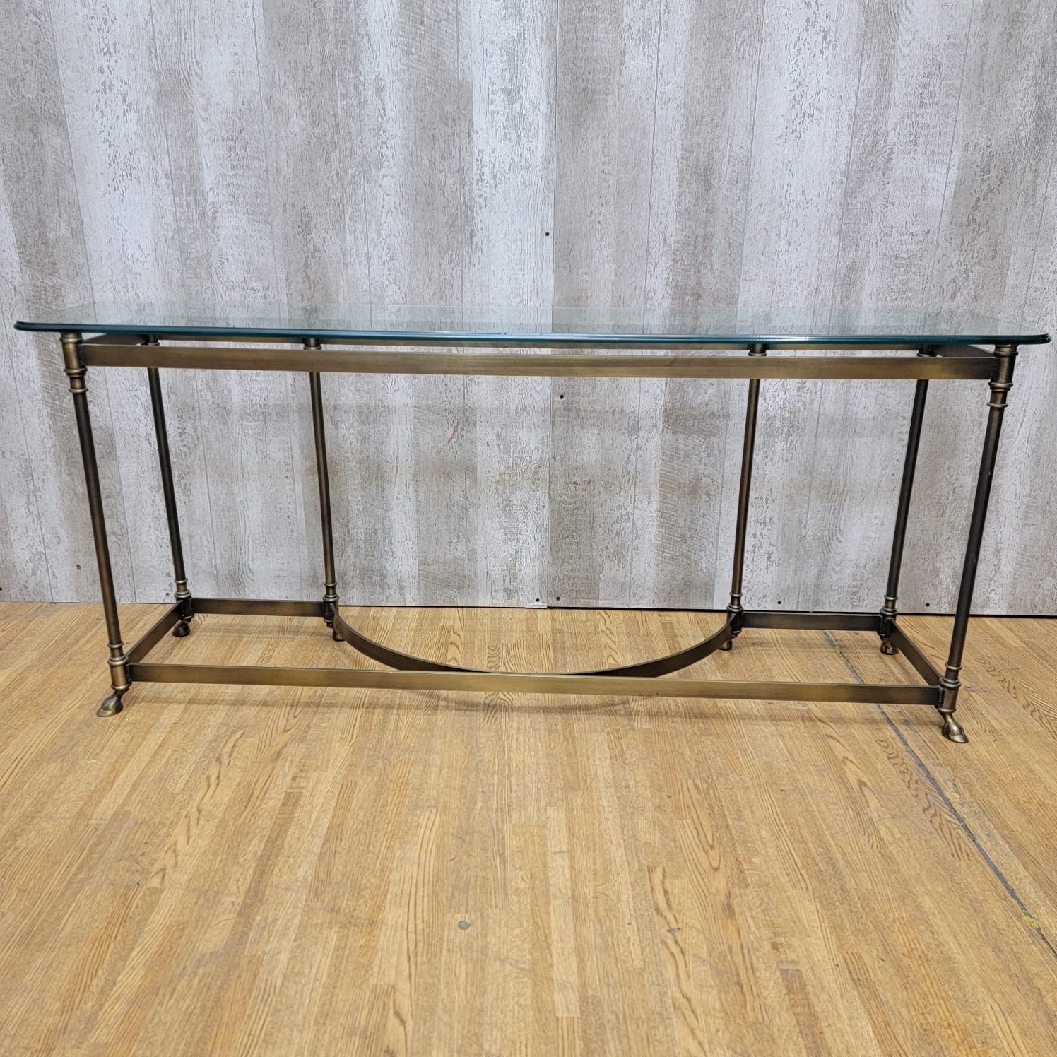 Hollywood Regency Maison Jansen LaBarge Style Brass Glass Top Console Table
