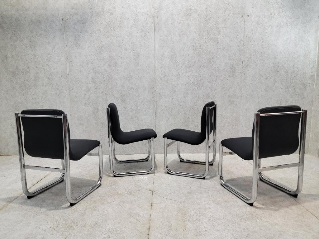 Mid Century Modern 
Hannah Morrison Style Chrome Tubular Sling Dining Chairs - Set of 4