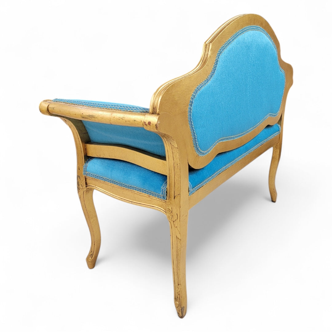 Antique French Regency Gold Gilded Tufted Petite Bench Newly Reupholstered Emerald Teal Mohair
