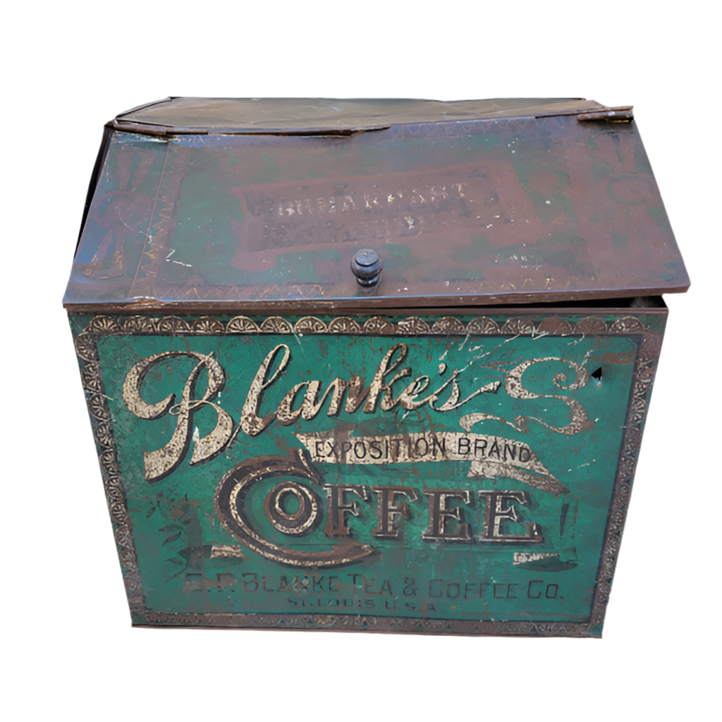 Antique C.F. Blanke Tea and Coffee Company Exposition Brand Green Tin Coffee Bin