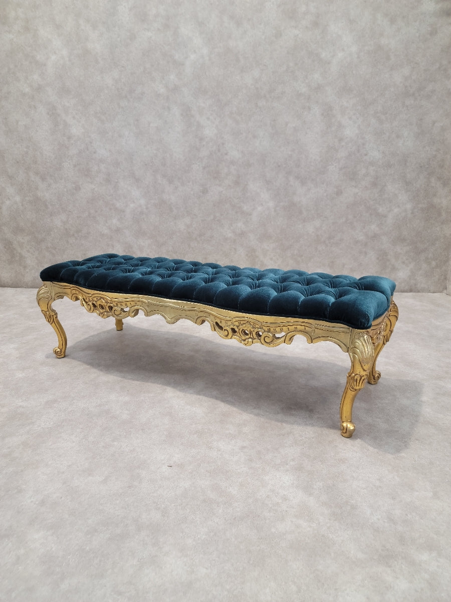 Antique Italian Rococo Style Carved Gilt Tufted Bench Newly Reupholstered in Velvet