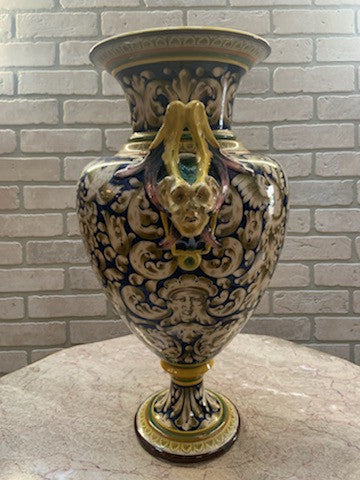 Antique Italian Hand Painted Majolica Urn Vase with Medusa Face Handles