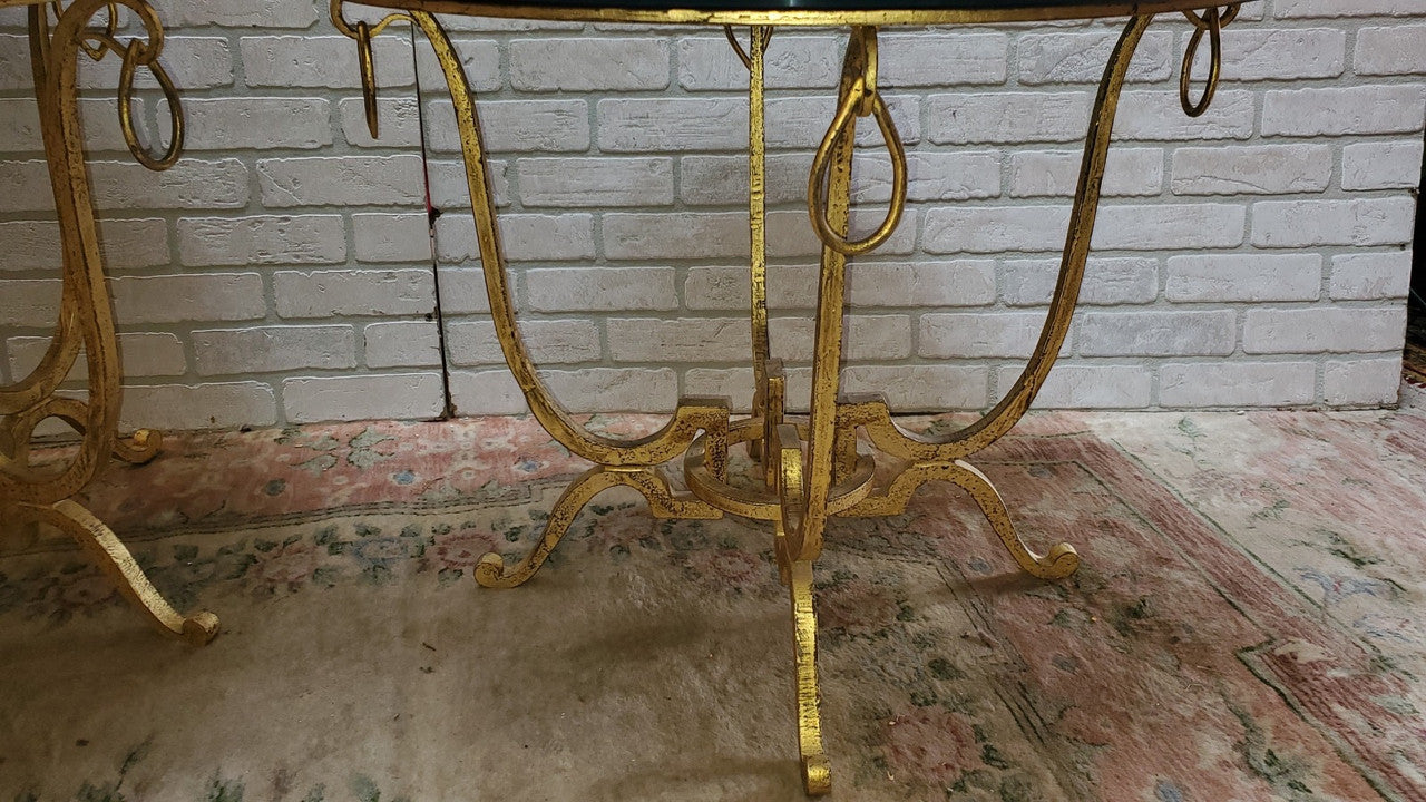 Hollywood Regency Rene Drouet Style Gilt Iron Table with Mirrored Top - Pair