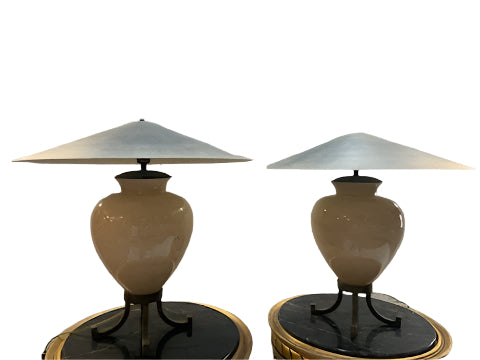 Vintage Karl Springer Style Ceramic Table Lamps With Metal Shades - Pair