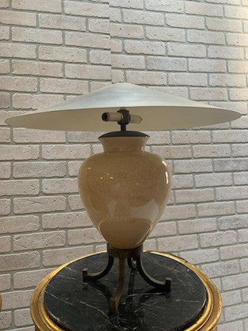 Vintage Karl Springer Style Ceramic Table Lamps With Metal Shades - Pair