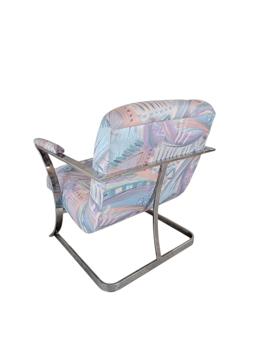 Postmodern Chrome Flat Bar Scoop Chair in Retro Fabric