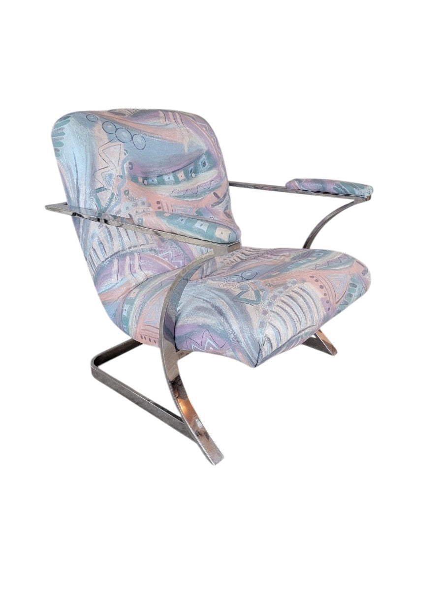 Postmodern Chrome Flat Bar Scoop Chair in Retro Fabric
