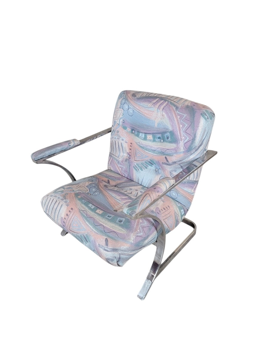 Postmodern Chrome Flat Bar Scoop Chair in Retro Fabric