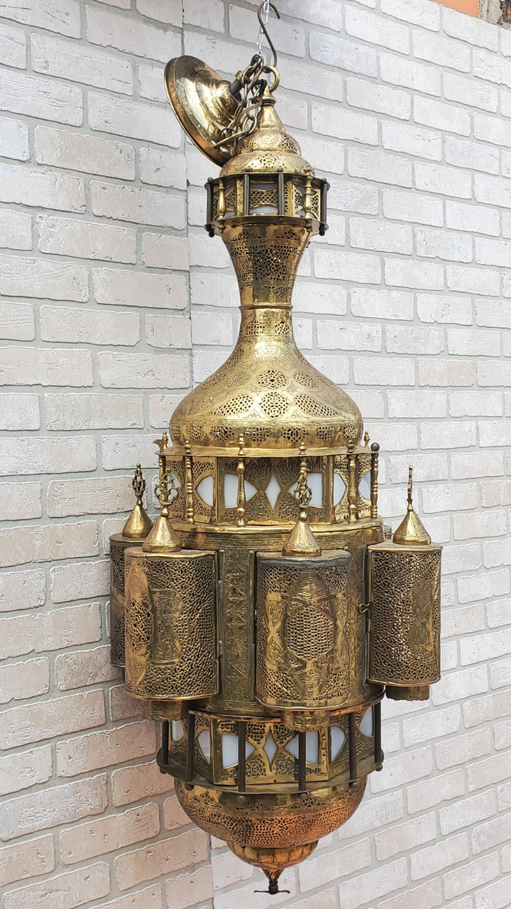 Antique Large Moorish Style Pierced Brass 6 Light Moroccan Chandelier
