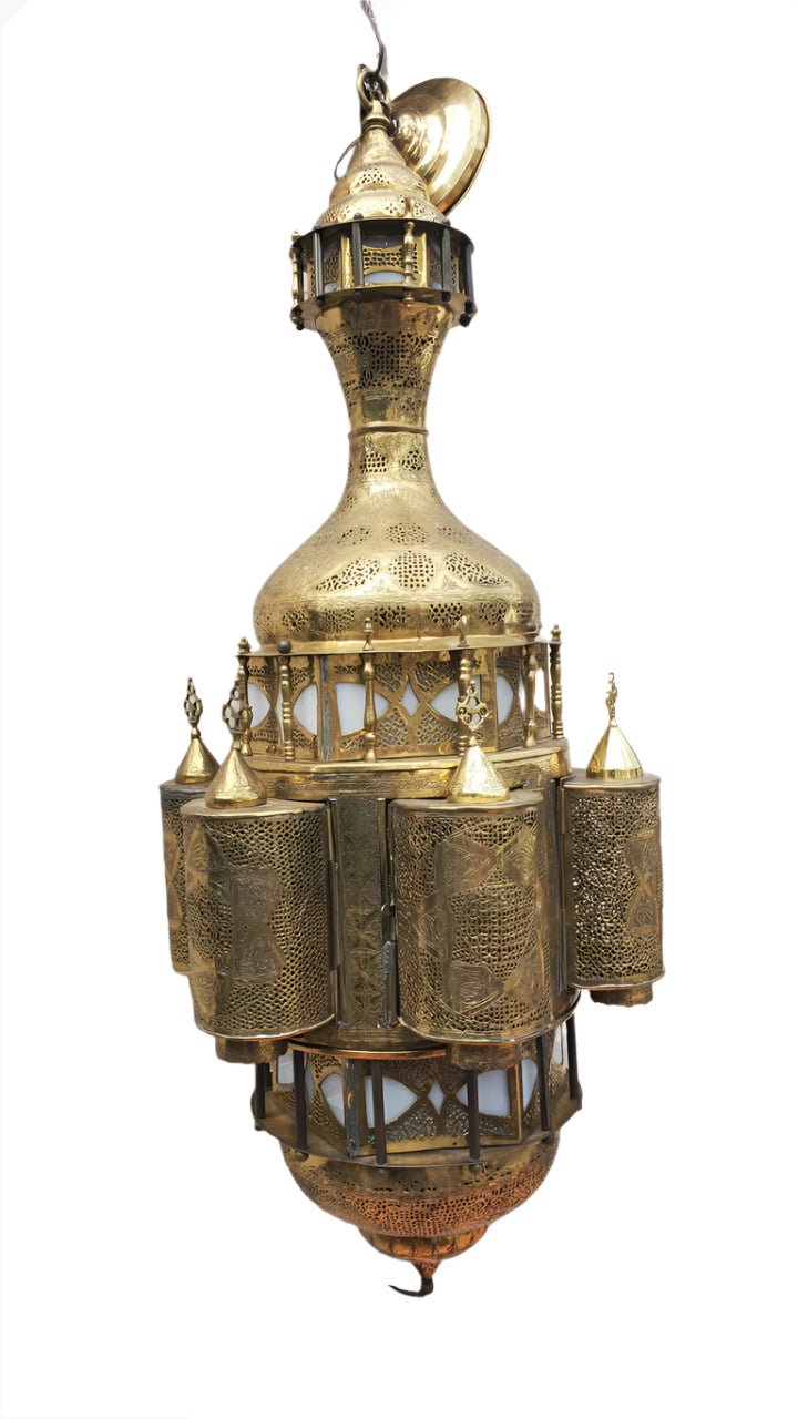 Antique Large Moorish Style Pierced Brass Chandelier