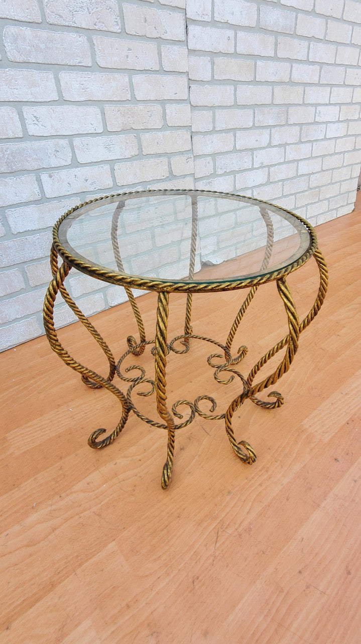 Hollywood Regency Italian Gold Gilt Rope Glass Top Spider Table