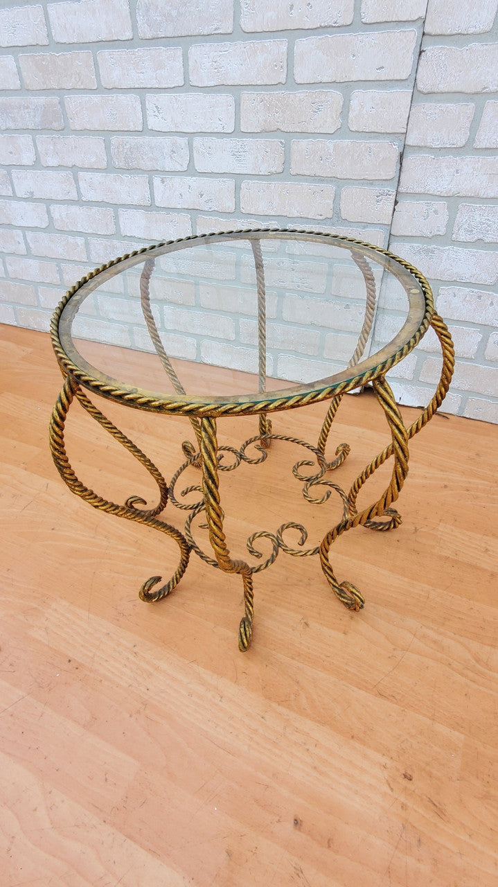 Hollywood Regency Italian Gold Gilt Rope Glass Top Spider Table