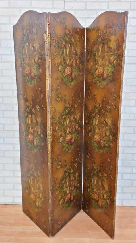 Antique French Victorian Hand Painted Chinoiserie Leather Covered Three-Paneled Arched Top Screen