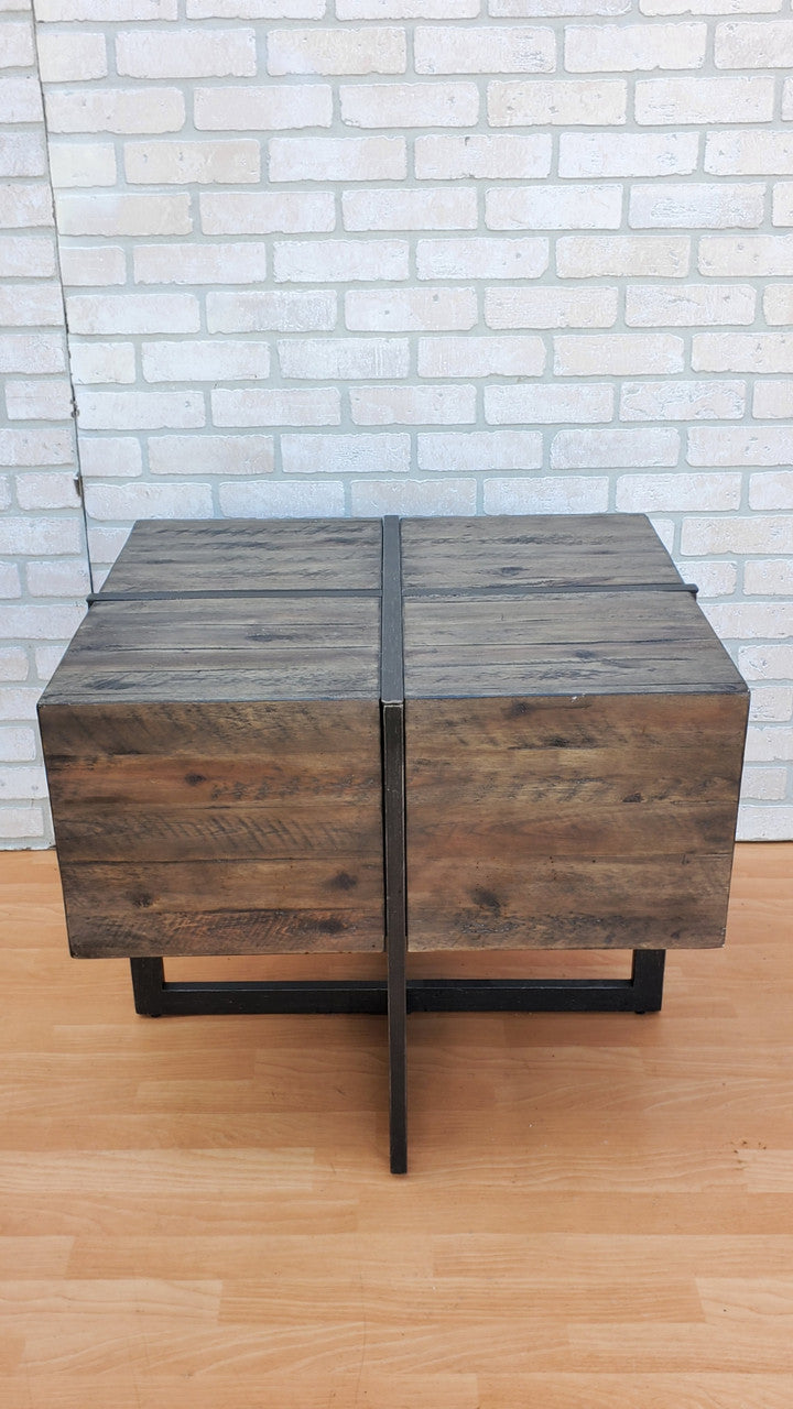 Rustic Reclaimed Timber Wood and Black Iron Framed Cube Side Table