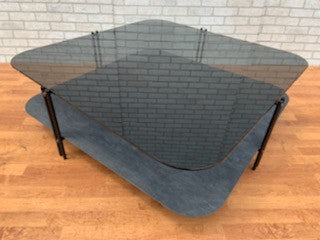Biplane 2 Tier Tinted Tempered Glass and Ceramic Square Coffee Table by Cattelan Italia