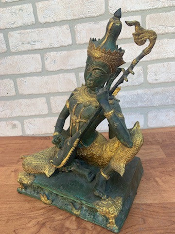 Antique Thai Prince Musician Gilded Statue Mandolin Music Player