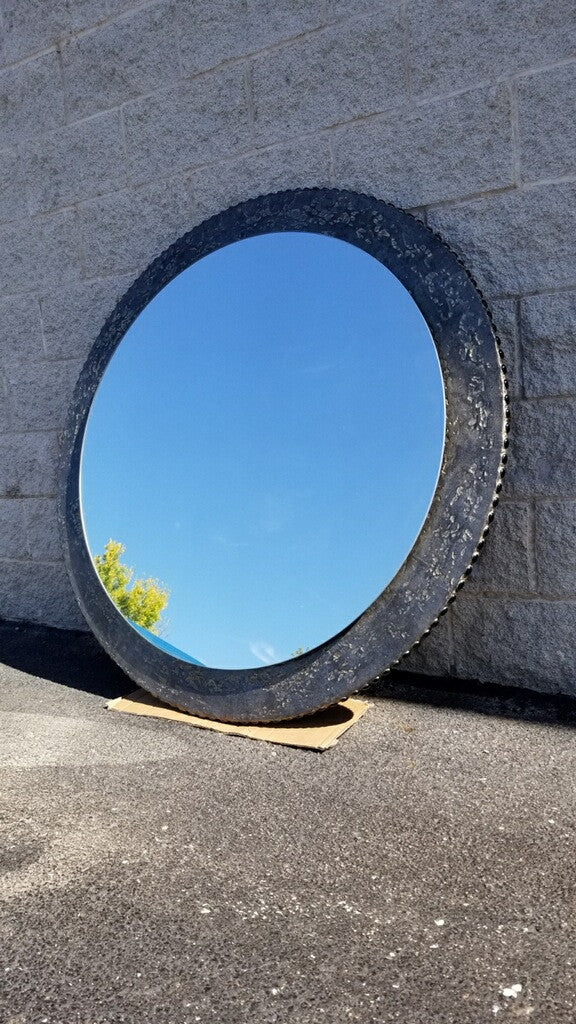 Two Tier Round Distressed Zinc with Black Stone Trimmed Signed Wall Mirror