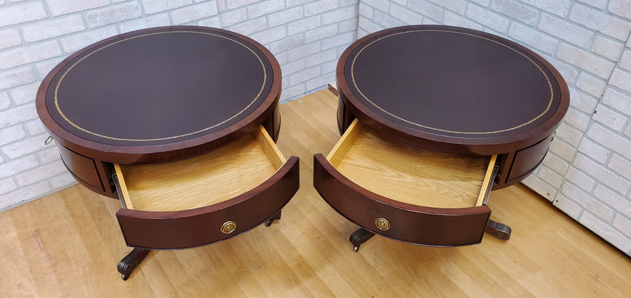 Vintage Inlaid Leather Top Single Drawer Mahogany Drum Side/End Tables - Pair