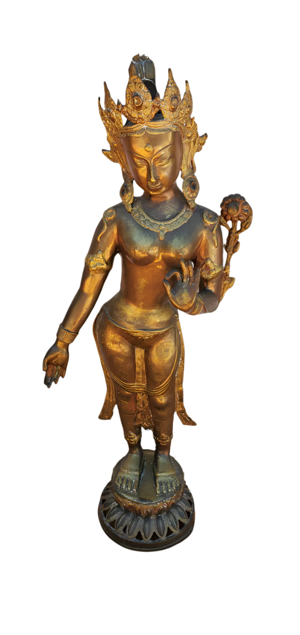Antique Gilt Bronze Tibetan Hindu Manjurshi Deity Statue