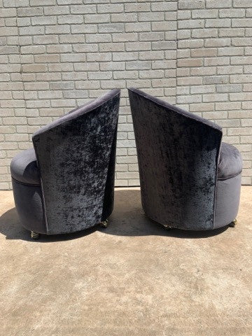Mid Century Modern Sculptural Barrel Back Chairs on Casters Newly Upholstered in Black Velvet - Pair