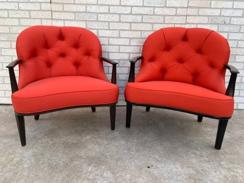 Mid Century Modern Edward Wormley Style Tufted Barrel Armchairs in Boucle Wool Fabric - Pair