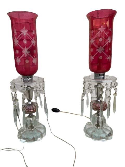 Antique Victorian Style Cranberry Glass Table Lamps