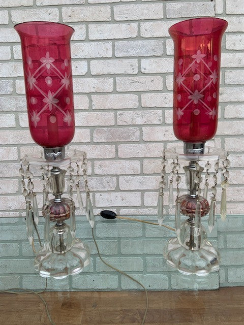 Antique Victorian Style Cranberry Glass Table Lamps