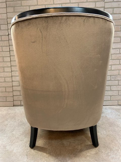 Contemporary Designer Ebonized Wood Barrel Back Accent Chair Newly Upholstered