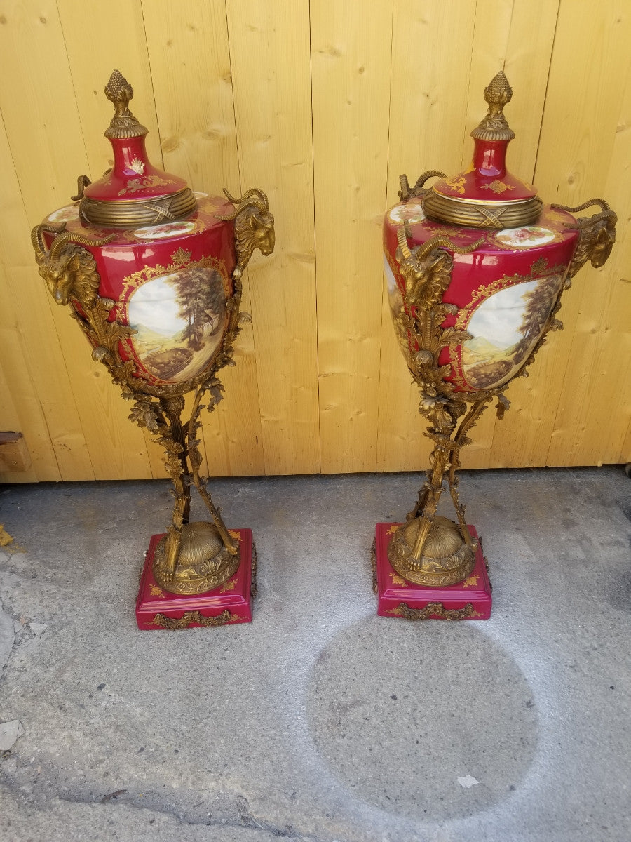 Antique French Ornate Rams Head Hand Painted Sèvres Lidded Urn Vases  - Pair