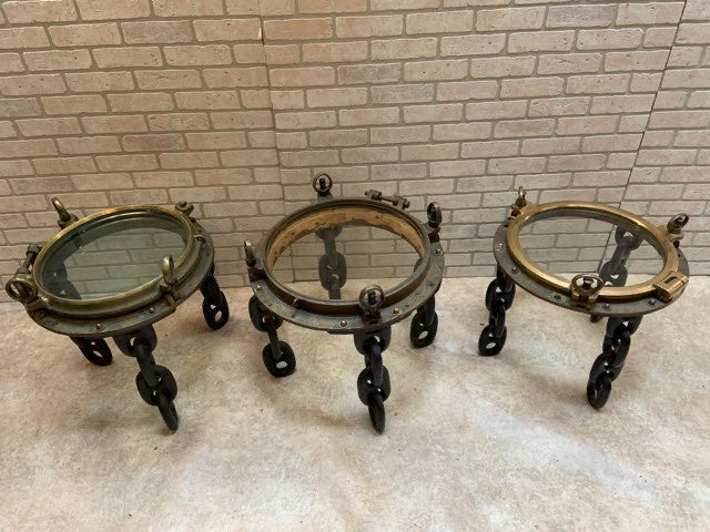 Antique Nautical Voyager Ship Porthole Side Table On Chain Legs - Pair