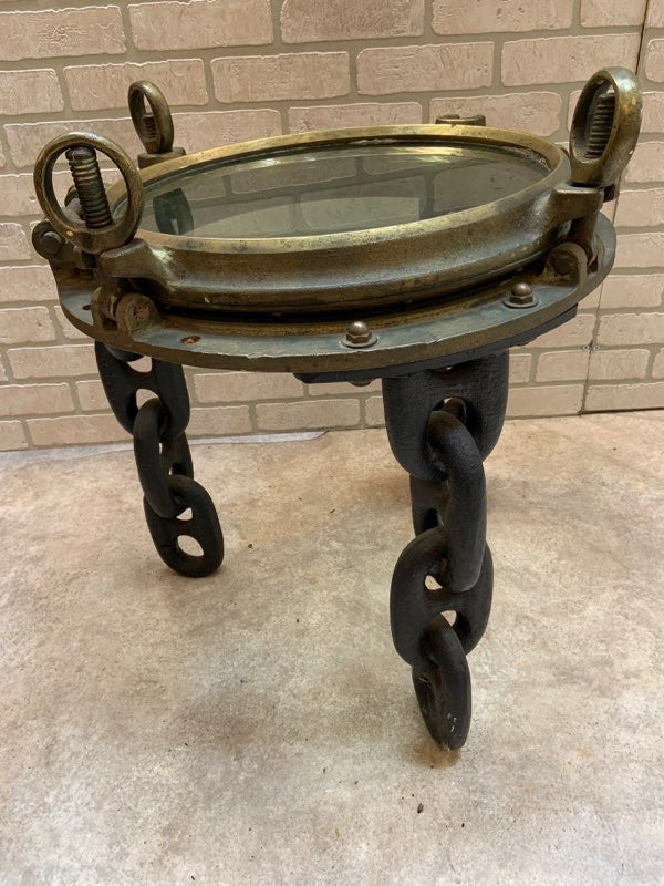 Antique Nautical Voyager Ship Porthole Side Table On Chain Legs - Pair
