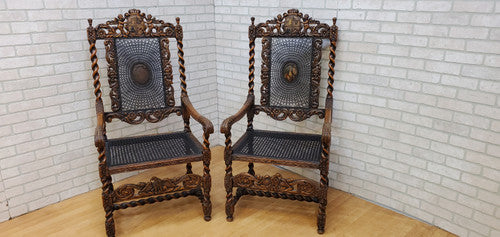 French Louis XIII Jacobean/Renaissance Revival Carved Ornate Figural Throne Chairs - Pair