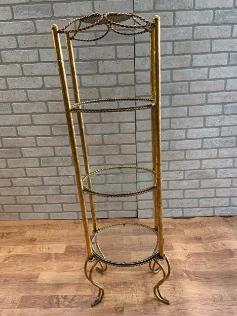 Hollywood Regency Italian Gold Gilt Rope and Tassel 4 Tier Tall Glass Shelf Etagere Stand