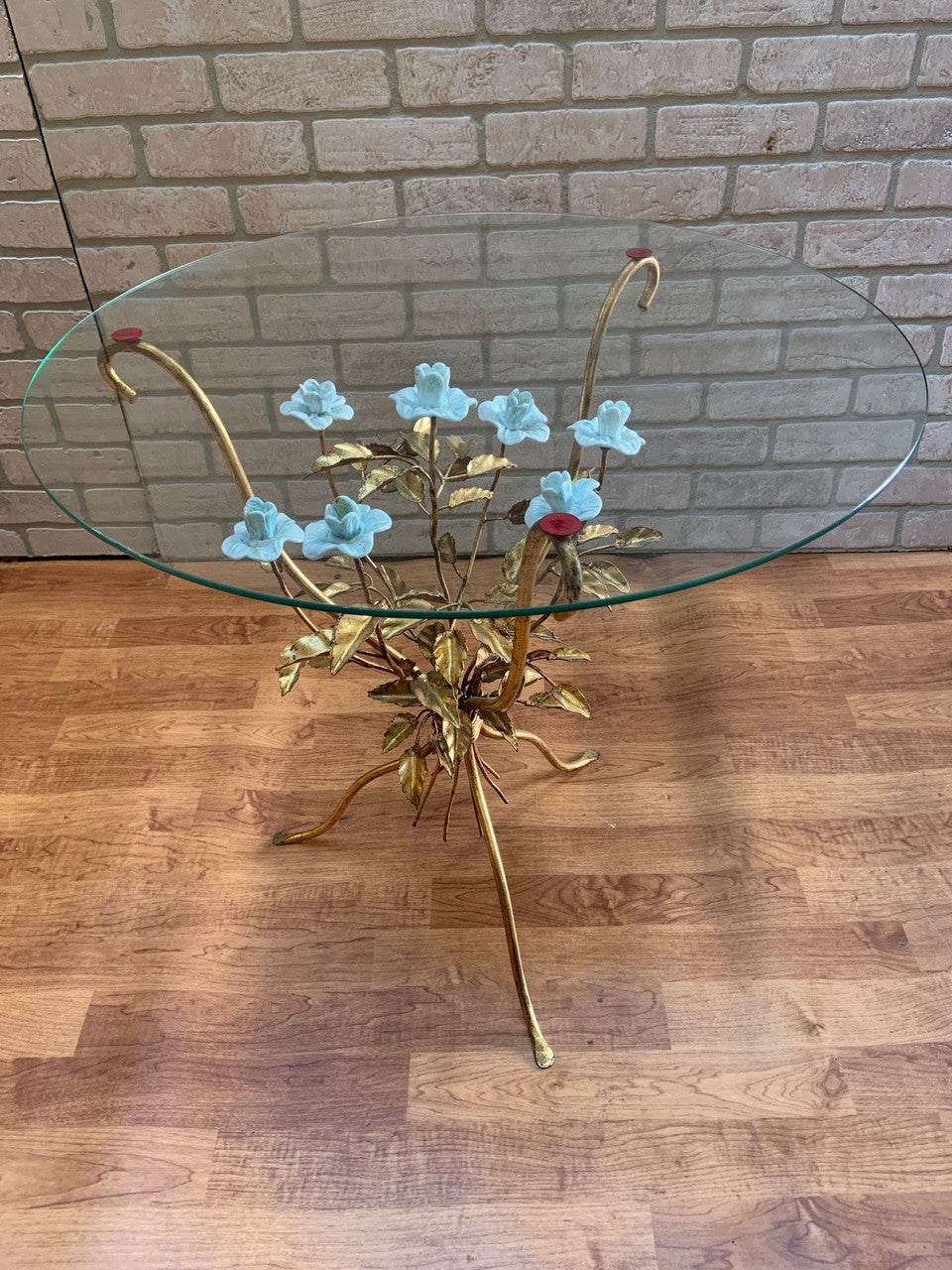 Hollywood Regency Italian Murano Glass Gilt Metal Leaf and Flower Side Table with Matching Table Table - Set of 2
