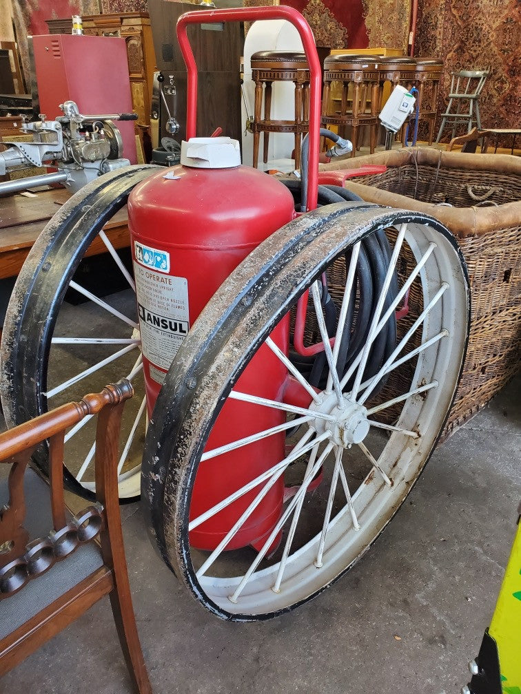 Antique Rare Historic Chicago Fire Hose 3 Wheel Cart and Huge Wheeled Fire Extinguisher