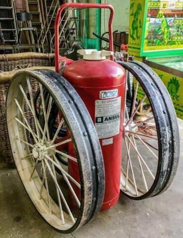 Antique Rare Historic Chicago Fire Hose 3 Wheel Cart and Huge Wheeled Fire Extinguisher
