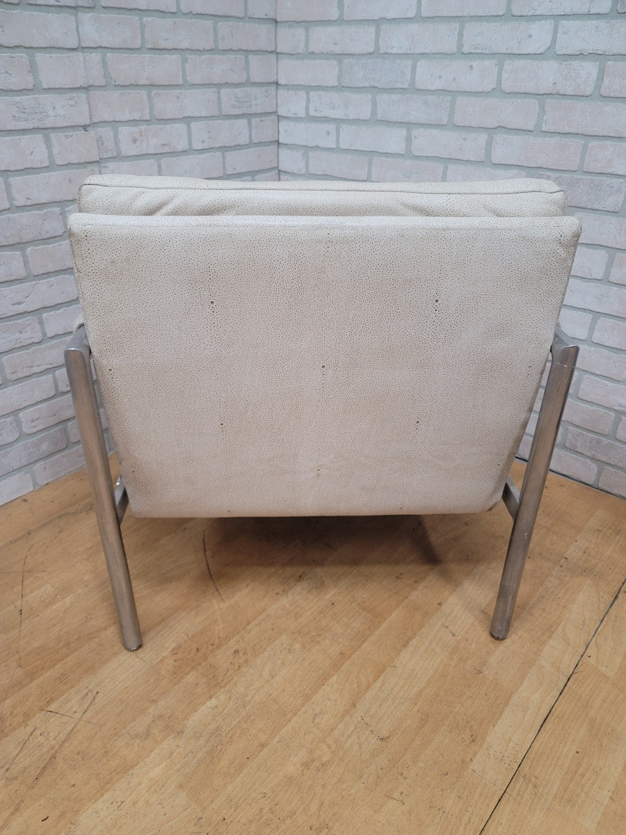 Mid Century Modern Milo Baughman Chrome Flat Bar Chair Newly Reupholstered in Cream Leather