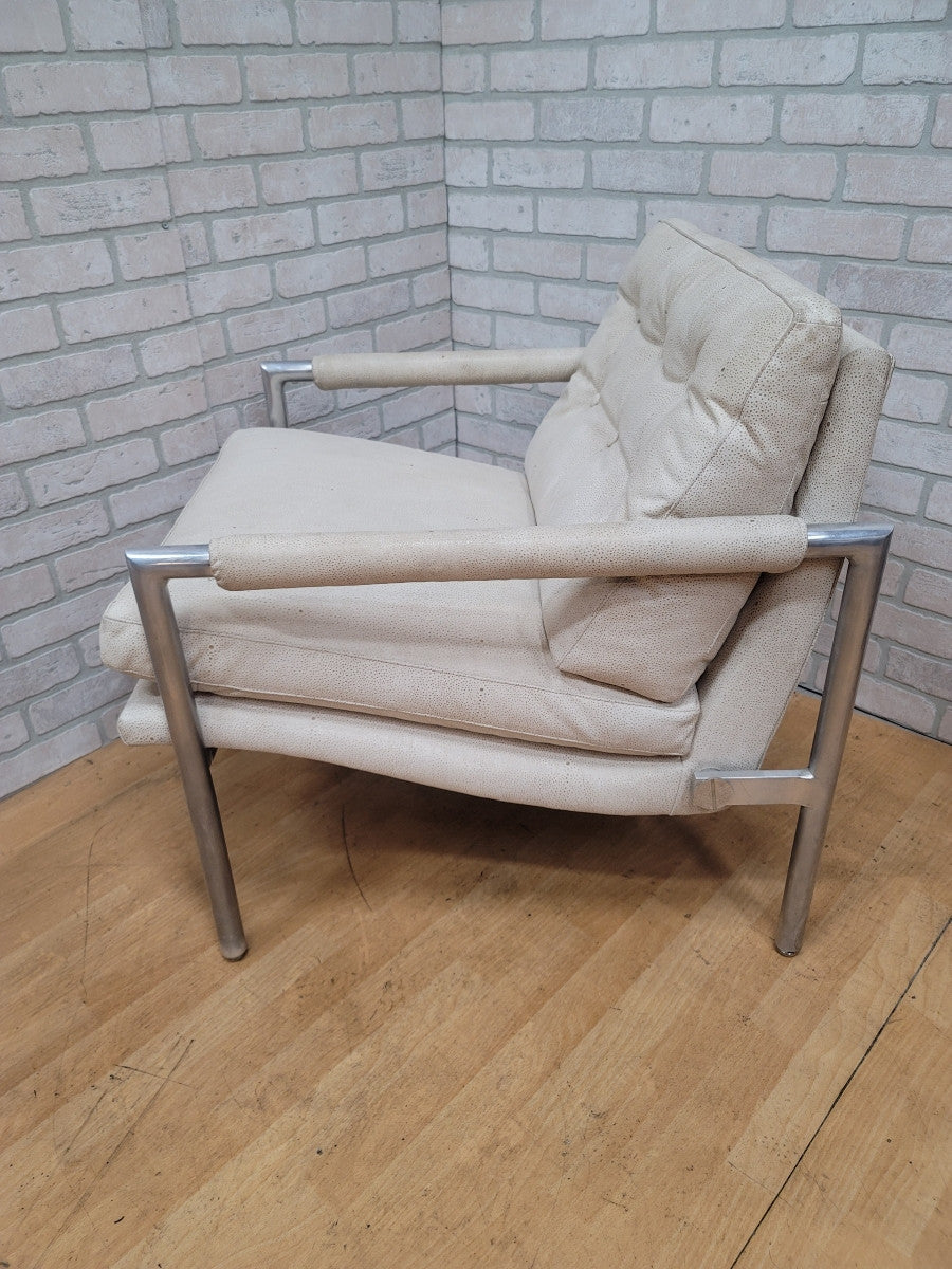 Mid Century Modern Milo Baughman Chrome Flat Bar Chair Newly Reupholstered in Cream Leather
