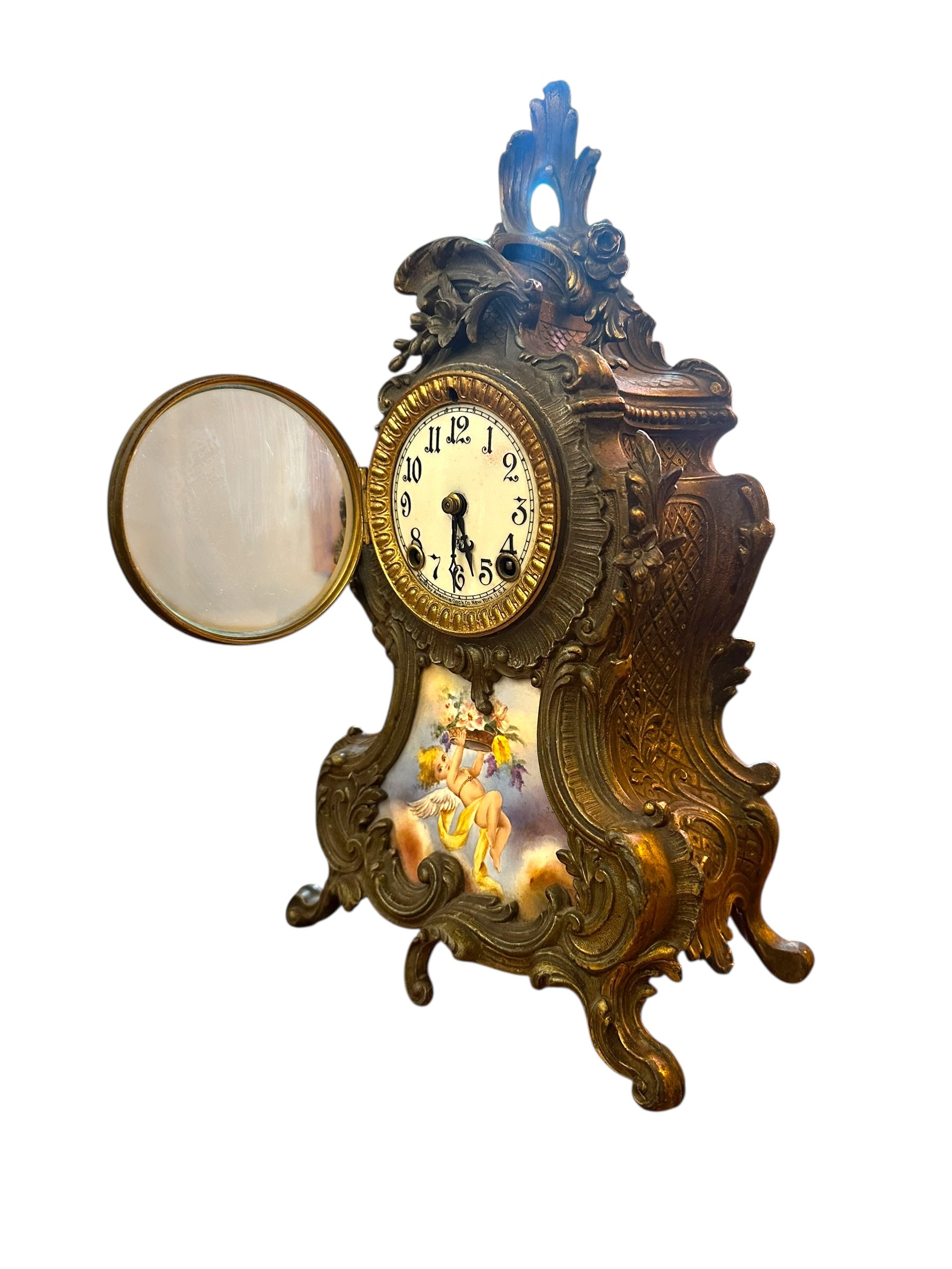 Antique Ansonia Co NY Brass and Porcelain & Clock with 2 Candelabras - 3 Piece Garniture Set
