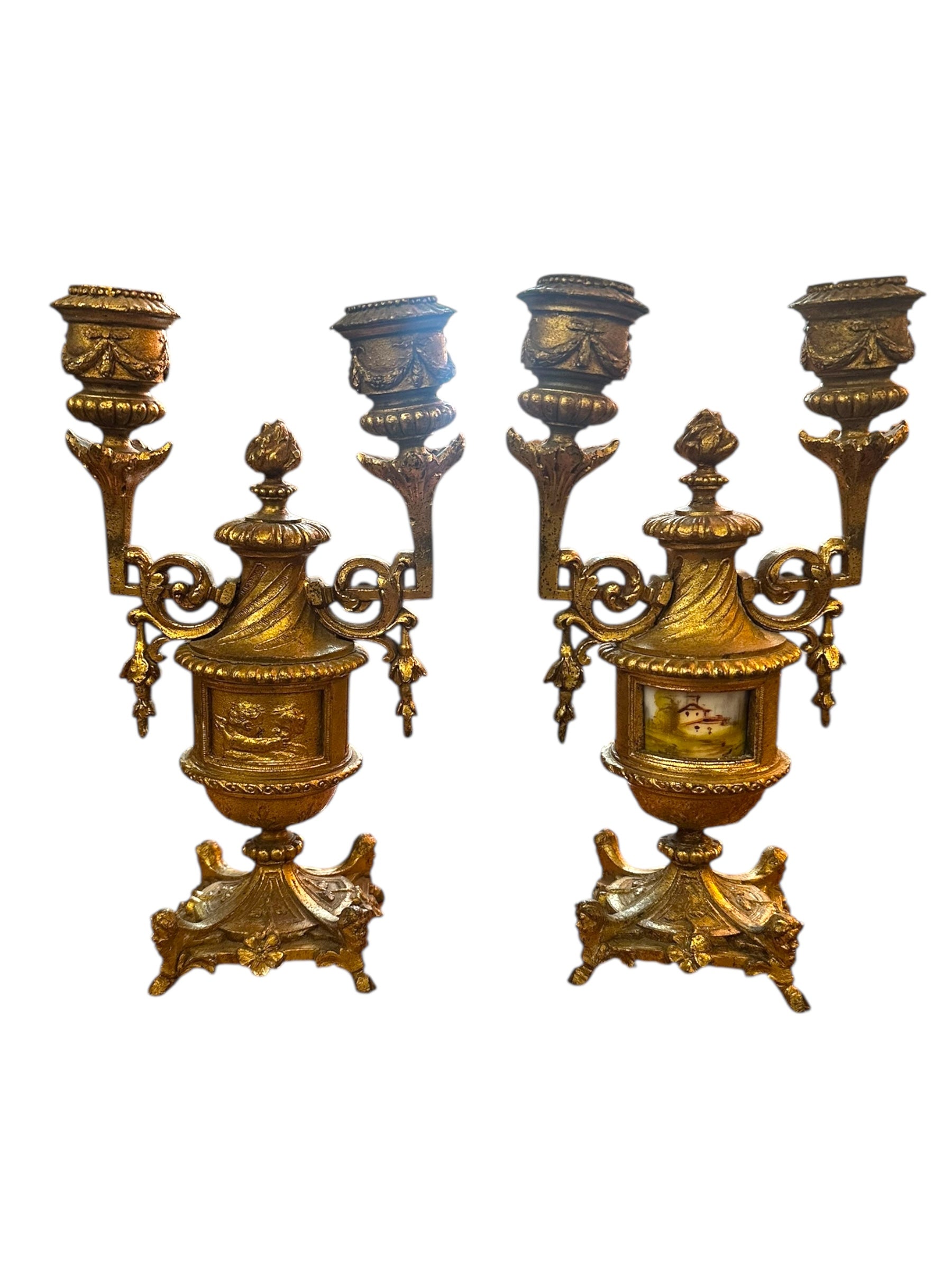 Antique Ansonia Co NY Brass and Porcelain & Clock with 2 Candelabras - 3 Piece Garniture Set